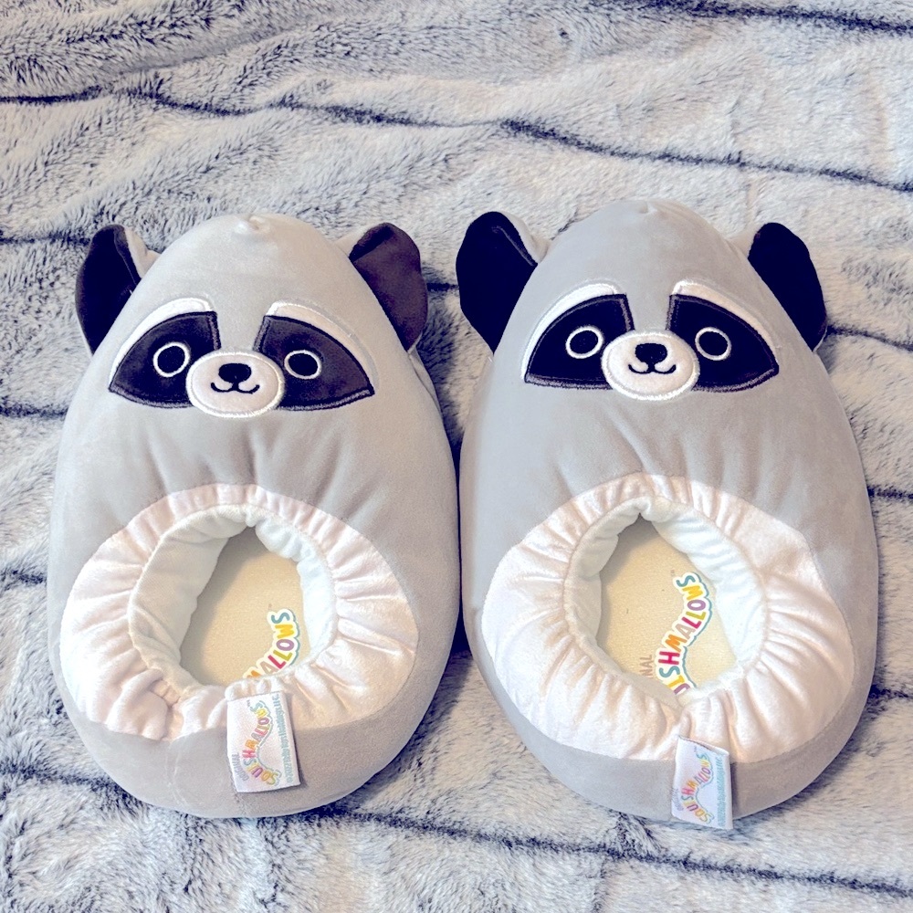 Squishmallows Gray and Black Raccoon Slippers